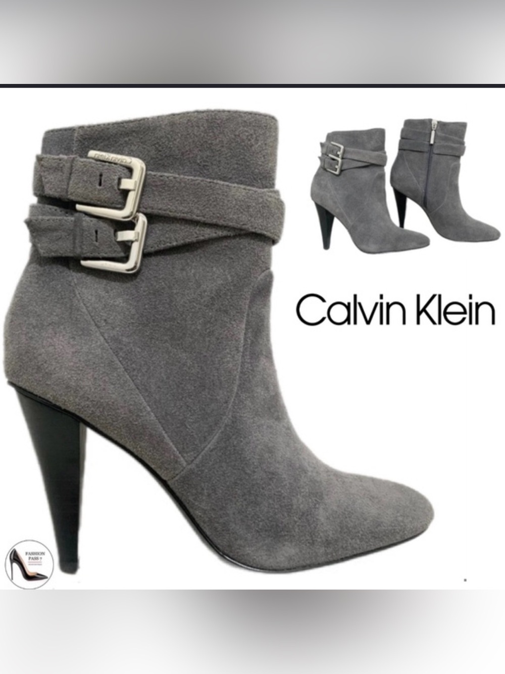 Calvin Klein Gray Suede Pointed-Toe Buckle Ankle Boots NEW WITHOUT TAGS